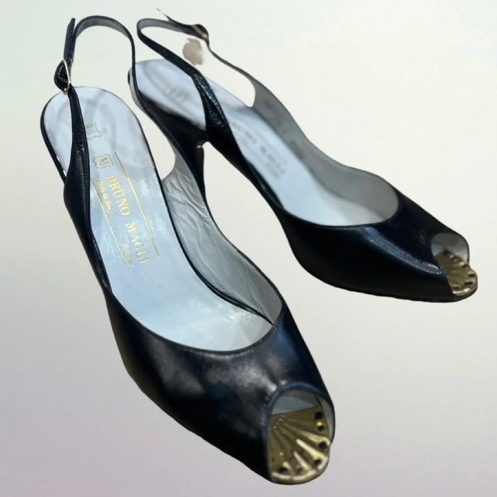 BRUNO MAGLI black leather peep toe sling shoes with gold accent on the toe - Picture 2 of 16